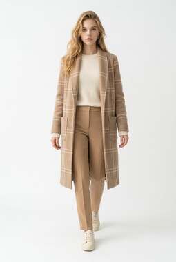 Rachel Zoe Plaid Wool-Blend Open Duster Coat – Tan & Cream, Size Small
